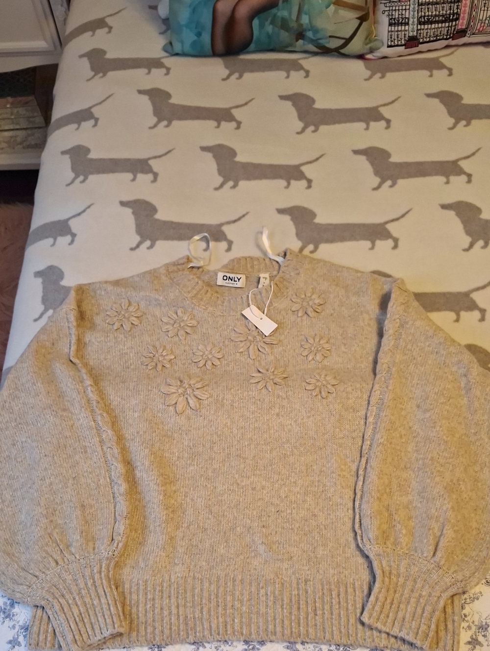 ONLY Beige Crewneck Sweater with Floral Appliqués